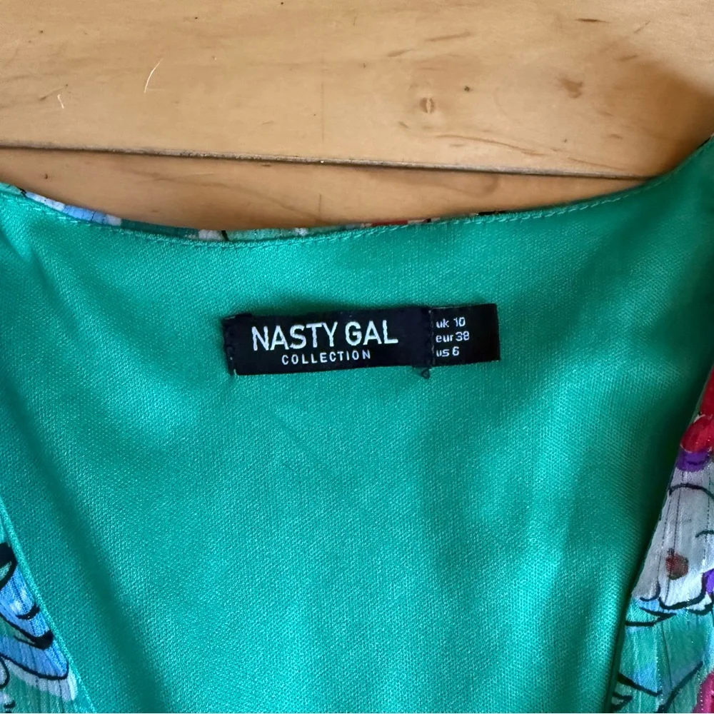 Nasty Gal Teal Floral Wrap Midi Dress with Fringe Size US 6 - Picture 7 of 10